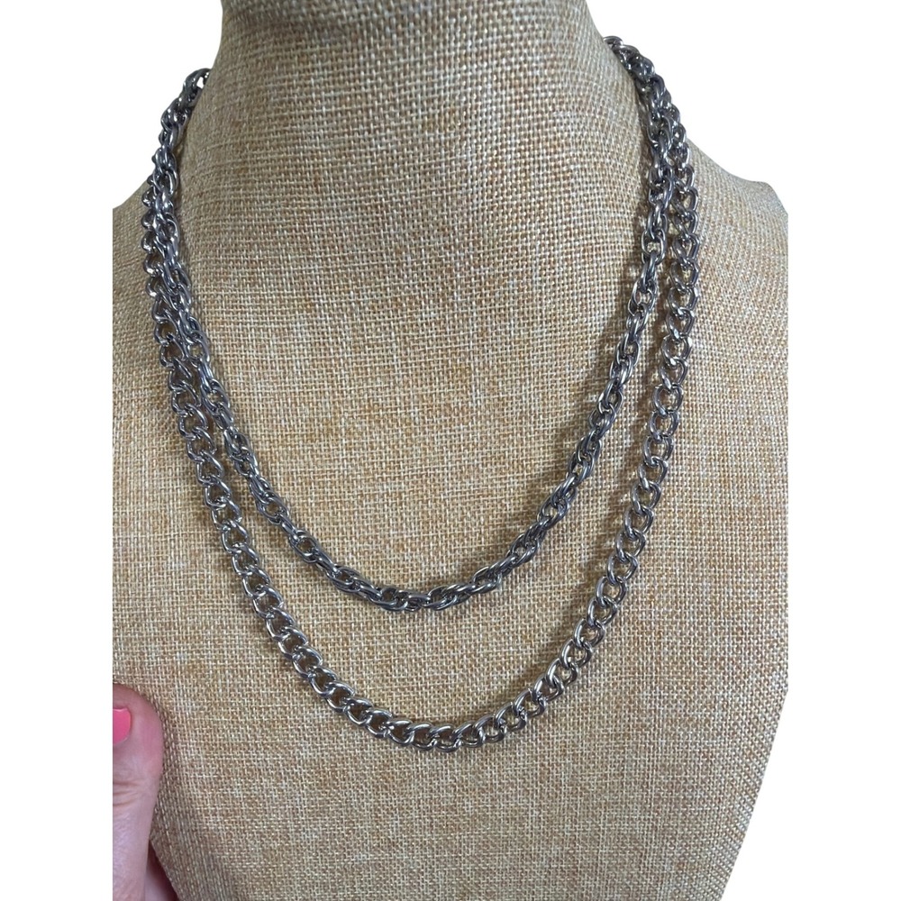 Silver Tone Layered‎ Curb Link Chain Necklace Double Strand Streetwear Style